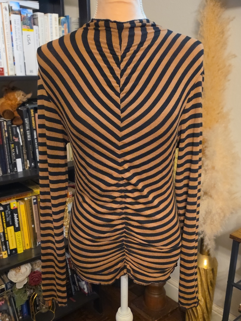 Elan Camel Black Striped Ruched Mock Neck Long Sleeve Top Y2K Size Large